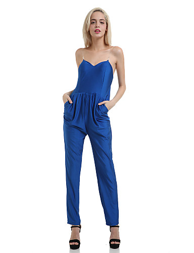 Women's Solid Royal Blue Jumpsuit,Casual Strapless/Sweetheat Sleeveless ...