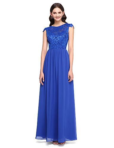 A-Line Jewel Neck Floor Length Chiffon Lace Bridesmaid Dress with ...