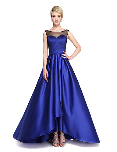 A-Line Jewel Neck Asymmetrical Satin Bridesmaid Dress with Bow(s) Sash ...
