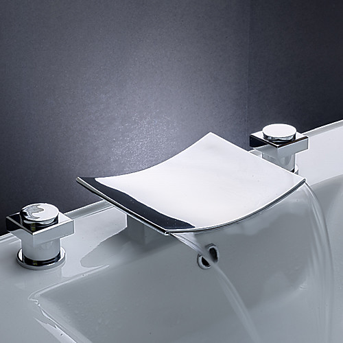 

современный распространенный водопад керамический клапан три отверстия две ручки три отверстия хром, смеситель для раковины ванной комнаты смесители для ванны