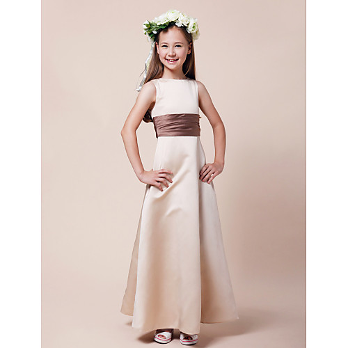 

A-Line / Princess Bateau Neck Floor Length Satin Junior Bridesmaid Dress with Sash / Ribbon / Ruched / Spring / Summer / Fall / Winter / Apple