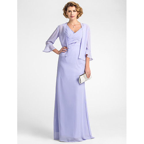 

Sheath / Column V Neck Floor Length Chiffon 3/4 Length Sleeve Wrap Included Mother of the Bride Dress with Criss Cross / Beading Mother's Day 2020