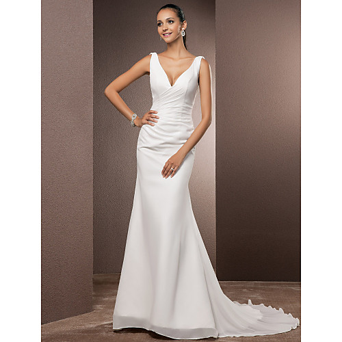 

Sheath / Column V Neck Court Train Chiffon Over Satin Regular Straps Simple Open Back Made-To-Measure Wedding Dresses with Side-Draped 2020