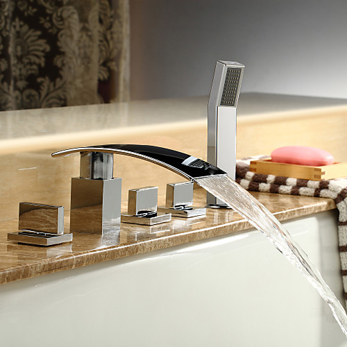 

Смеситель для ванны - Современный Хром Римская ванна Керамический клапан Bath Shower Mixer Taps / Латунь / Три ручки пять отверстий
