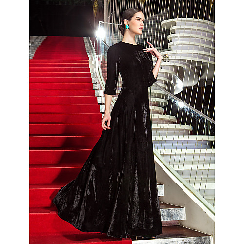 

A-Line Jewel Neck Floor Length Velvet Inspired by Cannes Film Festival / Celebrity Style / Vintage Inspired Formal Evening / Military Ball Dress 2020 with Pleats