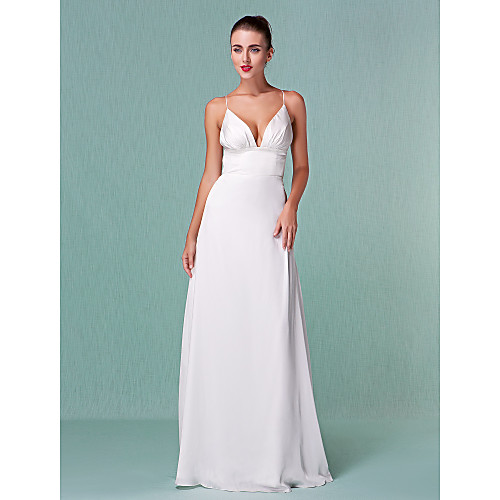 

Sheath / Column V Neck Floor Length Chiffon Spaghetti Strap Sexy Backless Wedding Dresses with Draping 2020