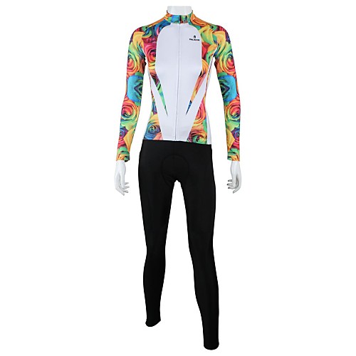 

ILPALADINO Women's Long Sleeve Cycling Jersey with Tights Winter Fleece White Floral Botanical Bike Clothing Suit Windproof Breathable Quick Dry Back Pocket Sports Floral Botanical Clothing Apparel