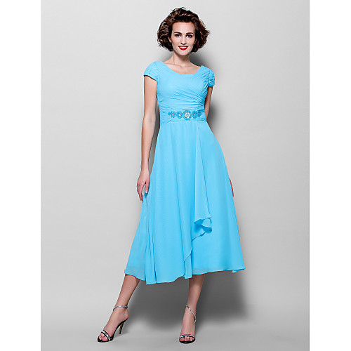 

A-Line Mother of the Bride Dress Elegant Jewel Neck Tea Length Chiffon Short Sleeve with Beading Side Draping 2020
