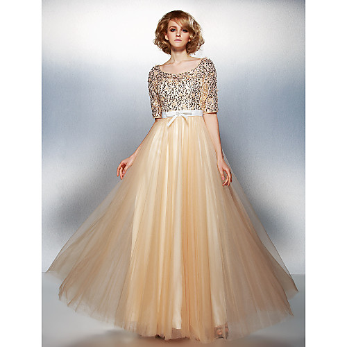 

A-Line Scoop Neck Floor Length Tulle / Sequined Sparkle & Shine Prom / Formal Evening Dress 2020 with Beading / Bow(s)