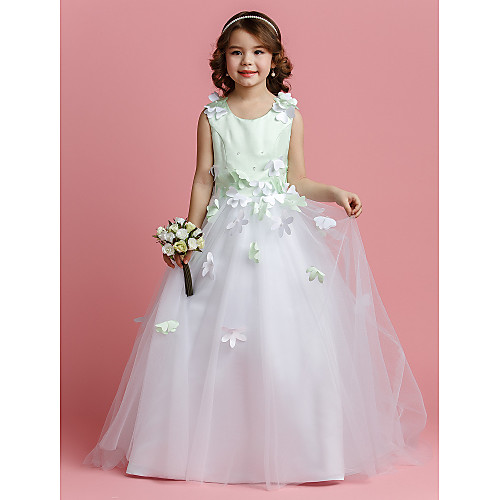 

А-силуэт / Принцесса С коротким шлейфом Детское праздничное платье - Сатин / Тюль Без рукавов Круглый вырез с Бусины / Цветы от LAN TING BRIDE / Весна / Лето / Осень / Цветовые блоки