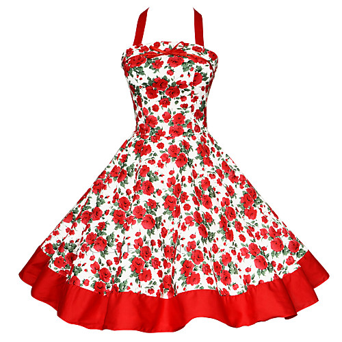 

Women's Plus Size Party Vintage A Line Dress - Color Block Backless / Print Halter Neck Cotton Black Red Green XL XXL XXXL