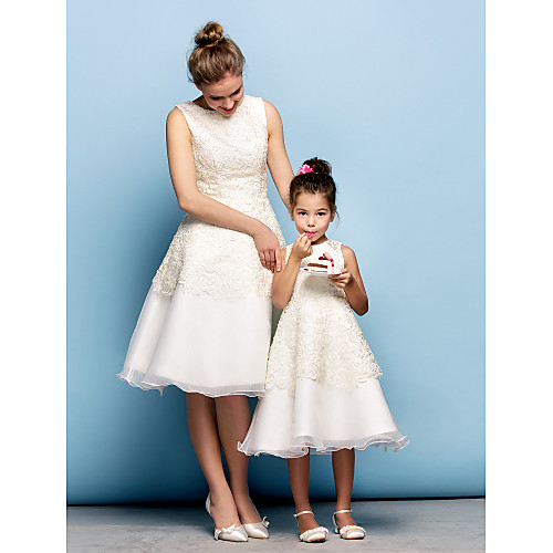

A-Line Knee Length Flower Girl Dress - Lace / Organza Sleeveless Jewel Neck with Lace / Cocktail Party / Prom / Mini Me