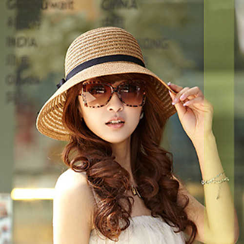 

Women's Holiday Cotton Blend Straw Straw Hat Sun Hat-Solid Colored Summer Beige Khaki / Rivet / Brown / Hat & Cap