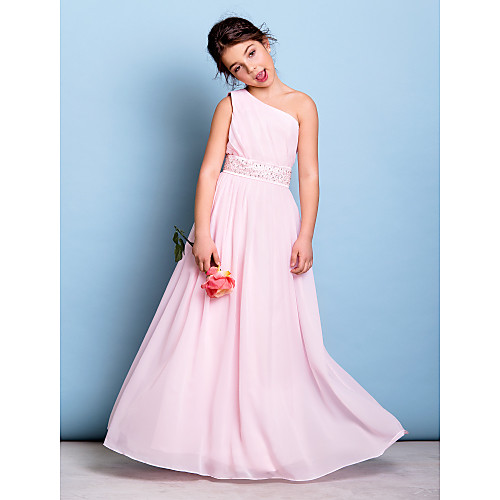 

A-Line One Shoulder Floor Length Chiffon Junior Bridesmaid Dress with Beading / Sash / Ribbon / Side Draping / Natural