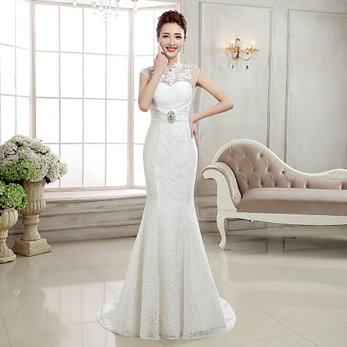 

Mermaid / Trumpet High Neck Sweep / Brush Train Lace Cap Sleeve Sexy Illusion Detail / Backless Wedding Dresses with Beading / Appliques 2020