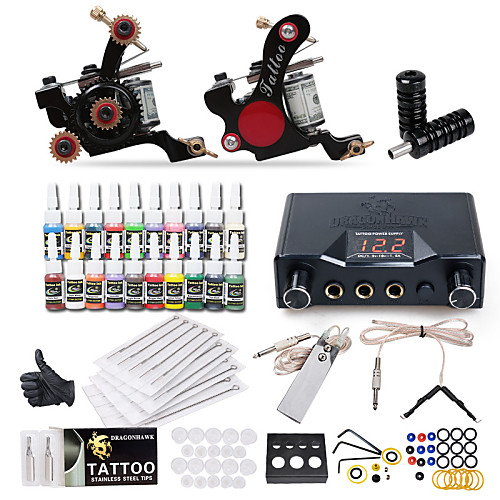 

Tattoo Machine Starter Kit - 2 pcs Tattoo Machines with 20 x 5 ml tattoo inks, Professional LCD power supply Case Not Included 2 cast iron machine liner & shader