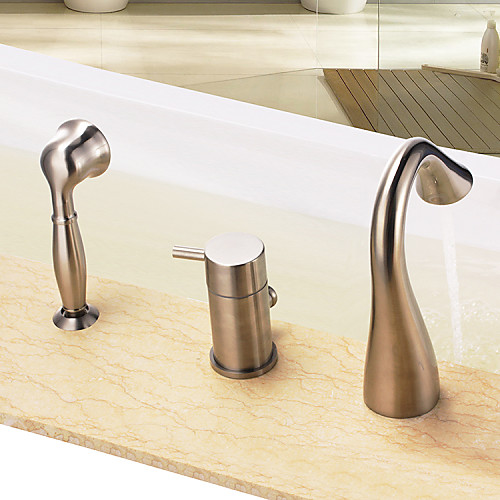 

Bathtub Faucet - Contemporary Nickel Brushed Tub And Shower Ceramic Valve Bath Shower Mixer Taps / Single Handle Three Holes