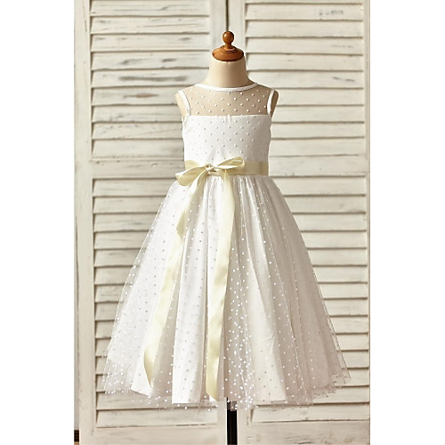 

A-Line Ankle Length Wedding / First Communion Flower Girl Dresses - Tulle Sleeveless Jewel Neck with Sash / Ribbon / Bow(s)