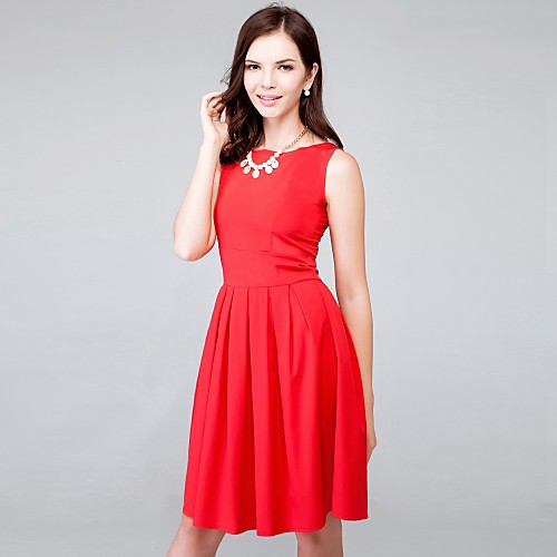 

Women's Party Going out Simple Skater Dress - Solid Colored Pleated Summer Cotton Red Green Blue