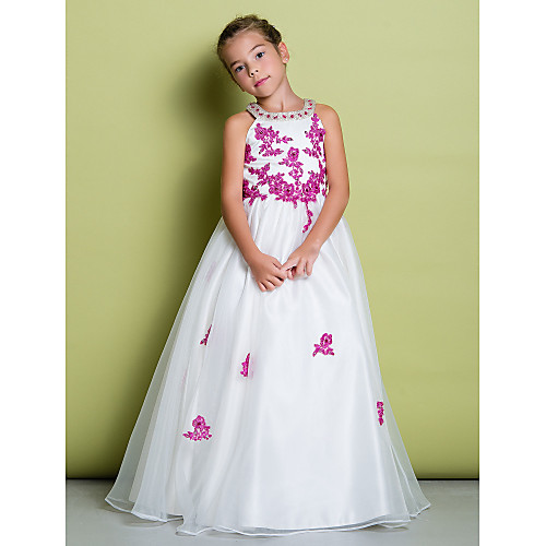 

A-Line Floor Length Flower Girl Dress - Organza Sleeveless Jewel Neck with Beading / Appliques