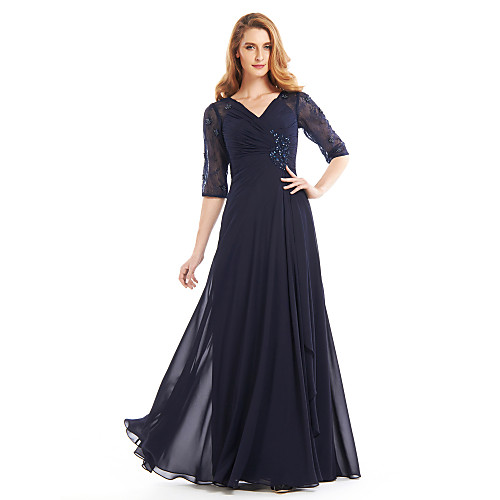 

A-Line V Neck Floor Length Chiffon Half Sleeve Vintage Inspired Mother of the Bride Dress with Criss Cross / Beading Mother's Day 2020