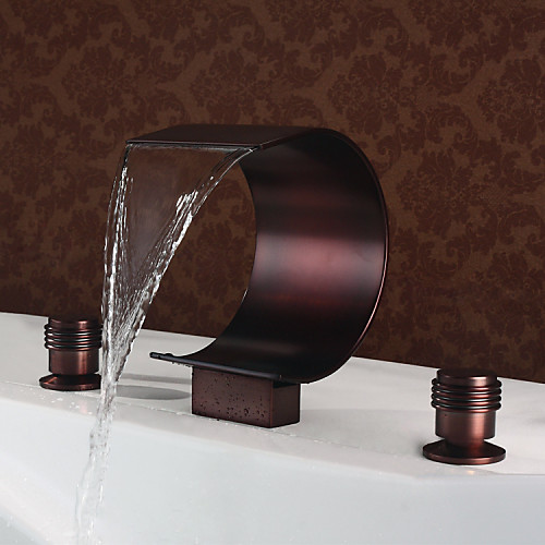 

Waterfall Oil-rubbed Bronze Deck Mounted Two Handles Three HolesBath Taps /-Brass Bathroom Sink Faucet