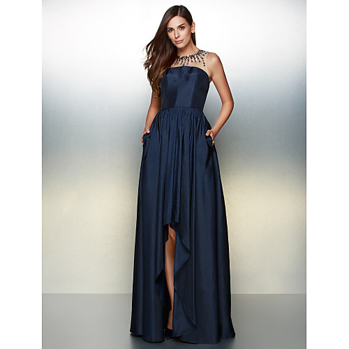

A-Line Illusion Neck Asymmetrical Taffeta High Low / Elegant Prom / Formal Evening Dress 2020 with Beading / Pleats