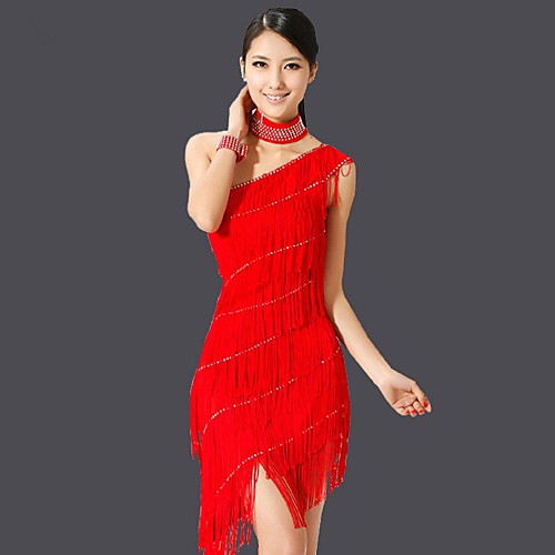 

Latin Dance Dresses Women's Performance Chinlon Tassel Sleeveless Dress