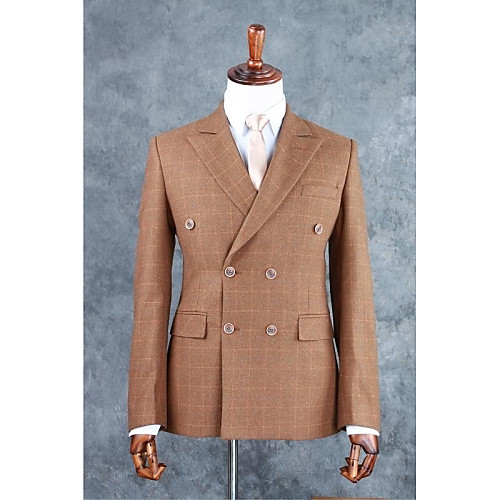 

Brown Checkered / Gingham Tailored Fit Cotton Blend Suit - Notch Double Breasted Four-buttons / Suits