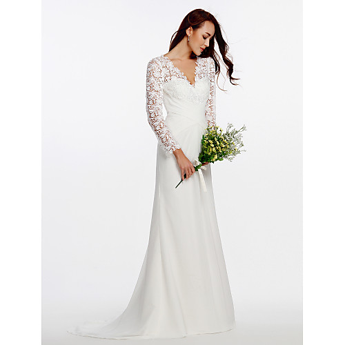 

Sheath / Column V Neck Sweep / Brush Train Chiffon / Floral Lace Long Sleeve Mordern See-Through Made-To-Measure Wedding Dresses with Buttons / Lace / Criss-Cross 2020 / Illusion Sleeve