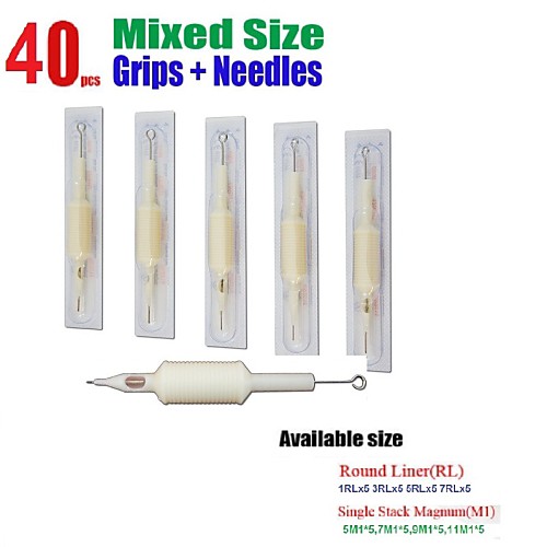 

40Pcs Basekey White Disposable Tattoo Needle 3/4 Grip Tube Mixed 5RL5 7RL5 3RL5 1RL5 9M15,7M15,5M15