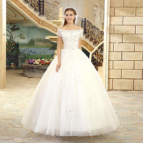 

Ball Gown Off Shoulder Floor Length Lace Over Tulle Short Sleeve Mordern Sparkle & Shine Made-To-Measure Wedding Dresses with Beading / Appliques 2020