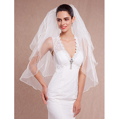 

Three-tier Pencil Edge Wedding Veil Fingertip Veils with Pearl / Ribbon Tie Tulle / Classic