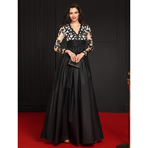 

A-Line V Neck Floor Length Taffeta / Floral Lace Elegant / Black Formal Evening / Wedding Guest Dress with Appliques / Embroidery / Lace Insert 2020 / Illusion Sleeve