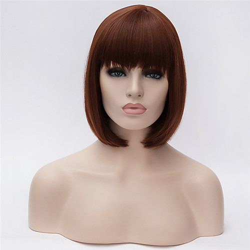 

Synthetic Wig Straight kinky Straight kinky straight Straight Bob With Bangs Wig Short Dark Auburn Synthetic Hair Women's Natural Hairline Dark Brown