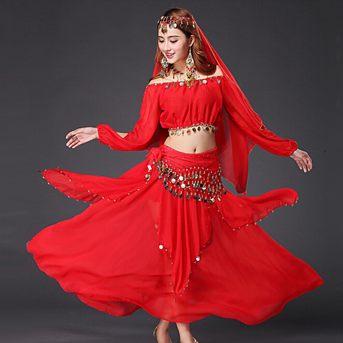 

Belly Dance Outfits Women's Performance Chiffon Sequin / Gold Coin Long Sleeve Dropped Top / Skirt / Belt