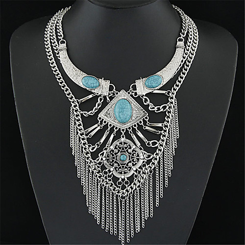 

Women's Turquoise Pendant Necklace Statement Necklace Layered Tassel Fringe Ladies Tassel Vintage European Silver Plated Turquoise Golden Silver Necklace Jewelry For Party Gift Daily Casual