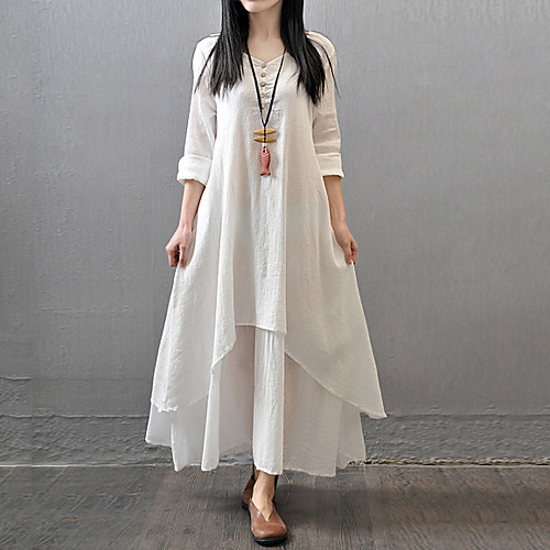

Women's Plus Size Maxi White A Line Dress - Long Sleeve Solid Colored Layered Spring Summer Chinoiserie Daily Casual Loose White Yellow Red M L XL XXL XXXL XXXXL XXXXXL / Cotton