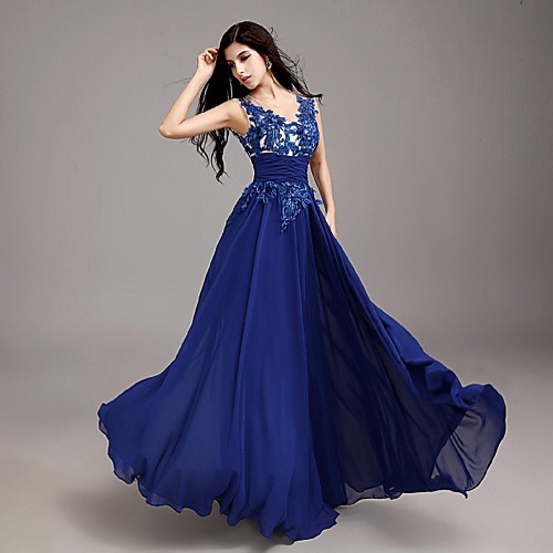 

A-Line Illusion Neck Floor Length Chiffon Elegant / Keyhole Formal Evening / Black Tie Gala Dress 2020 with Appliques