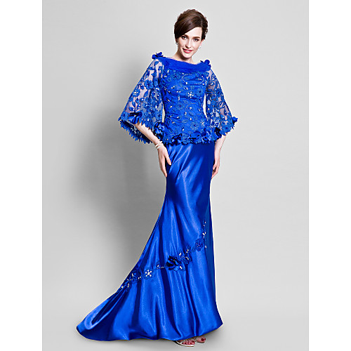 

Русалка Bateau Neck С коротким шлейфом Шармез / Кружево с бусинами Платье для матери невесты с Аппликации / Цветы от LAN TING BRIDE