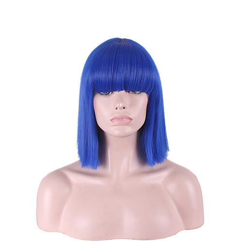 

straight bright blue color with bangs hari cut short synthetic wigs for womens cosplay style Halloween