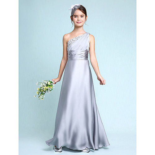 

Sheath / Column One Shoulder Floor Length Chiffon Satin Junior Bridesmaid Dress with Side Draping / Ruched / Natural