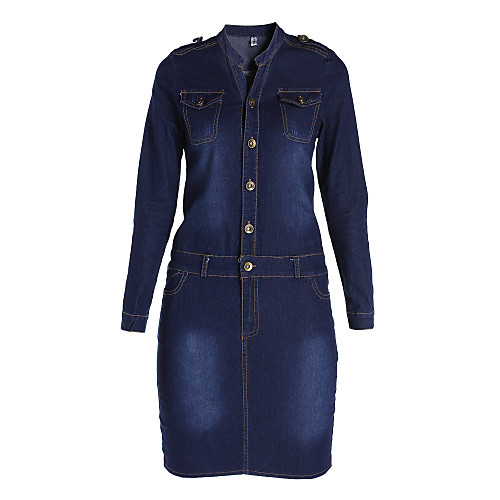 

Women's Dark Blue Dress Casual Fall Daily Weekend Bodycon Solid Colored Shirt Collar S M Slim