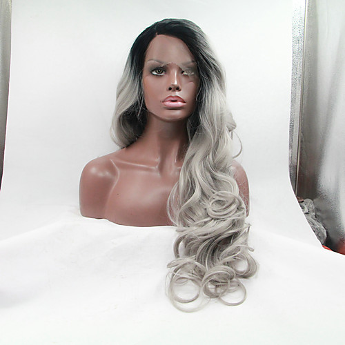 

sylvia synthetic lace front wig black roots grey hair heat resistant long wavy natural look synthetic wigs