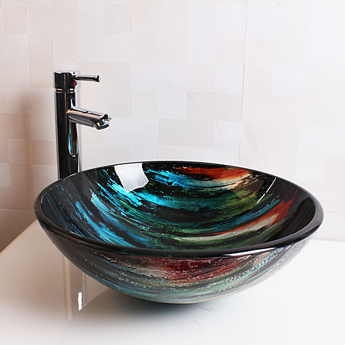 

умывальник для ванной / смеситель для ванной / монтажное кольцо для ванной Современный - Закаленное стекло Круглый Vessel Sink