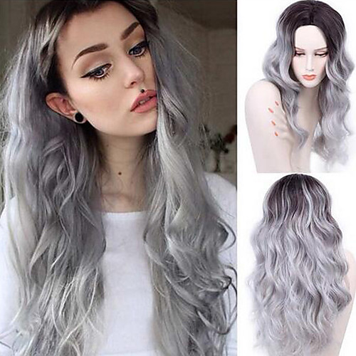 

fashion gradient grey wig cheap natural hair wigs long curly synthetic wig for women 26 inch synthetic wigs heat resistant