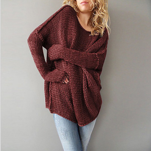 

Women's Daily Solid Colored Long Sleeve Long Pullover Sweater Jumper, Round Neck Fall / Winter Wine / Gray S / M / L