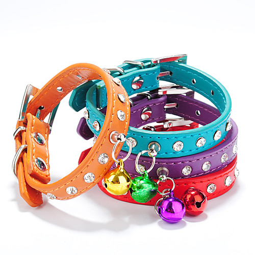 

Cat Dog Collar Adjustable / Retractable With Bell Mosaic Rhinestone PU Leather Small Dog Purple Red
