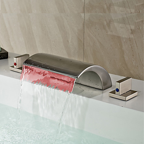 

Modern Widespread Waterfall LED Ceramic Valve Two Handles Three Holes Nickel Brushed, Bathroom Sink Faucet