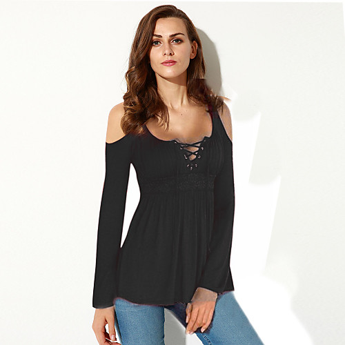 

Women's Daily Weekend Basic Plus Size T-shirt - Solid Colored Cut Out U Neck Black / Fall / Lace up / Sexy